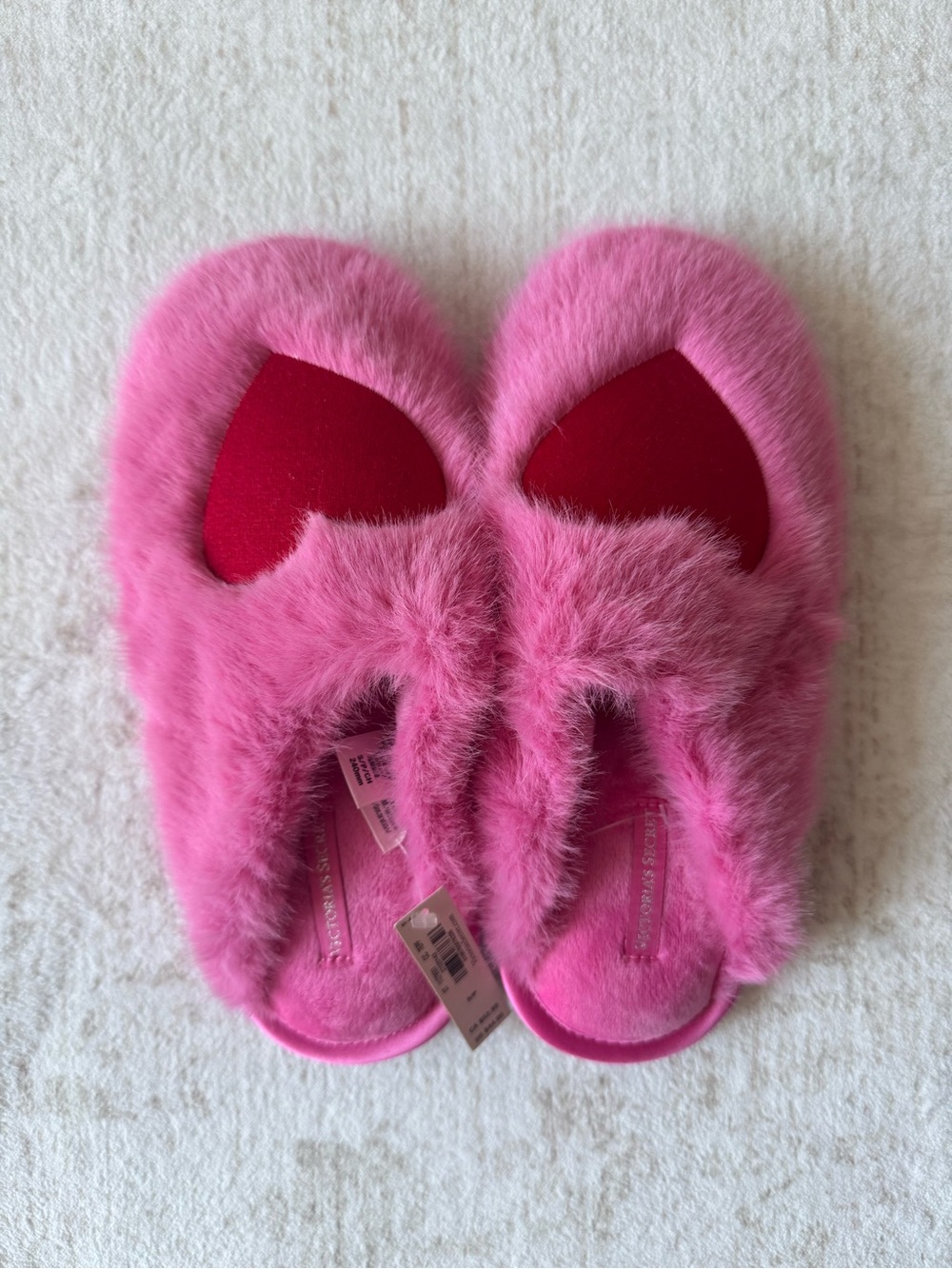 Victoria's Secret Pink Faux Fur Slippers with Red Heart Accent